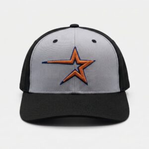 Premium Two-Tone Star Embroidered Baseball Cap – Heather Grey & Black Flat Brim Hat