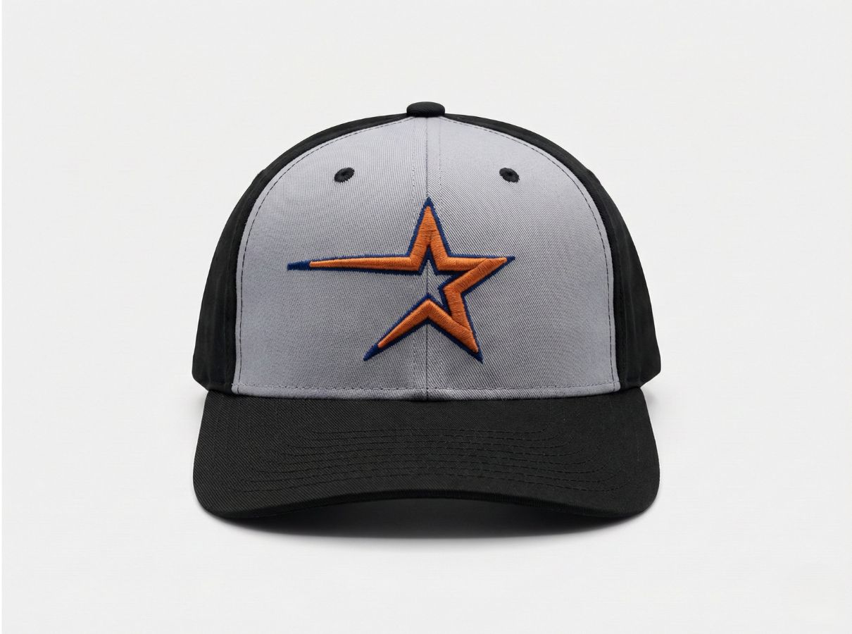 Premium Two-Tone Star Embroidered Baseball Cap – Heather Grey & Black Flat Brim Hat