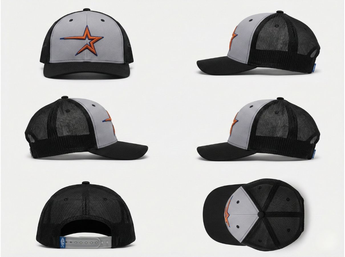 Premium Two-Tone Star Embroidered Baseball Cap – Heather Grey & Black Flat Brim Hat