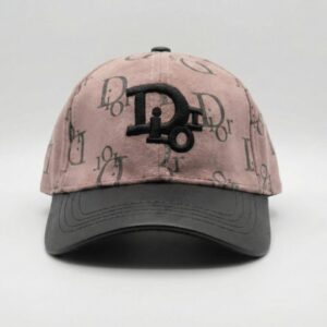 Beige Monogram Print Baseball Cap with Embroidered Logo and Black Leather-Textured Brim – Unisex Luxury Style Headwear