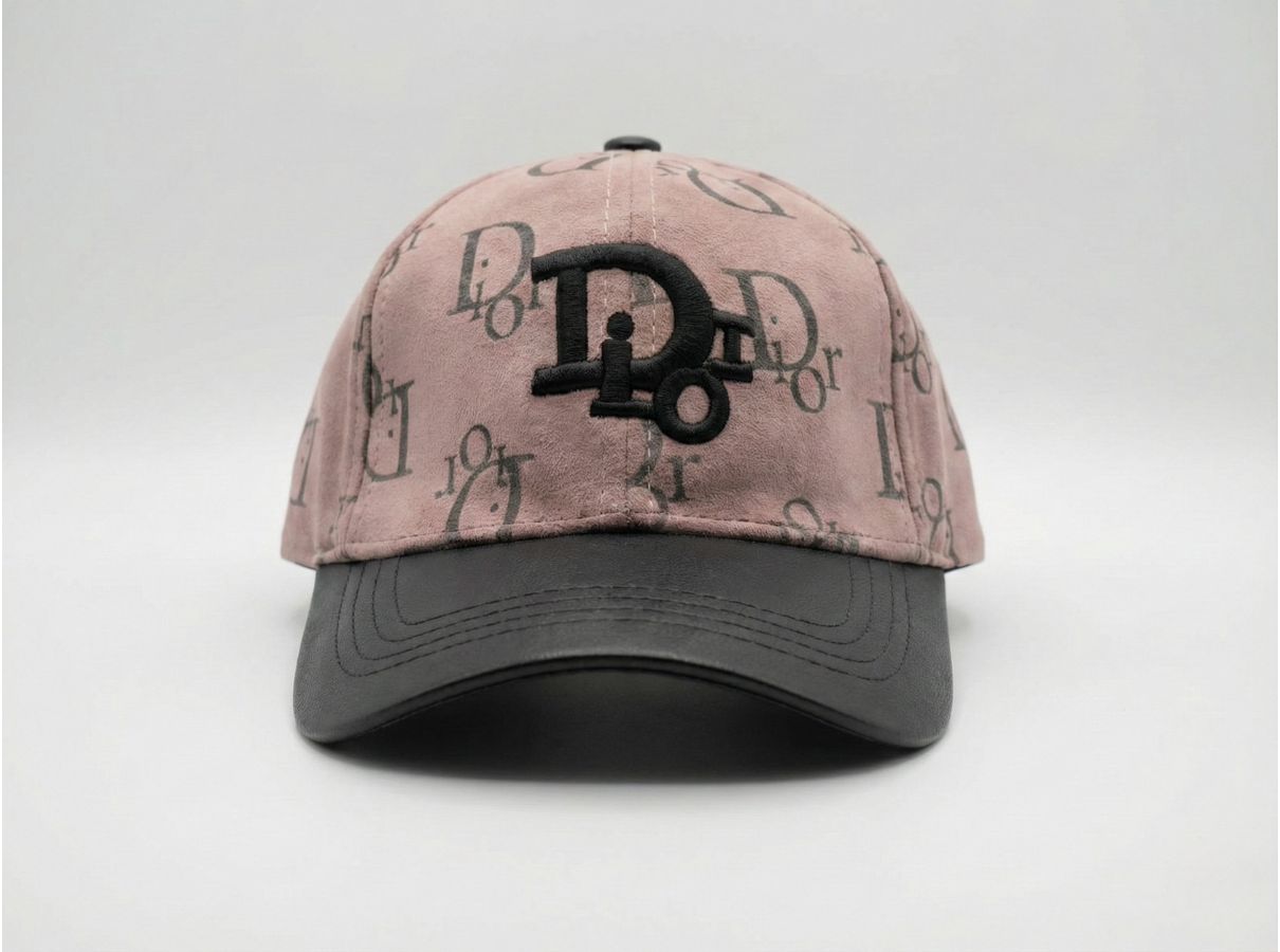 Beige Monogram Print Baseball Cap with Embroidered Logo and Black Leather-Textured Brim – Unisex Luxury Style Headwear