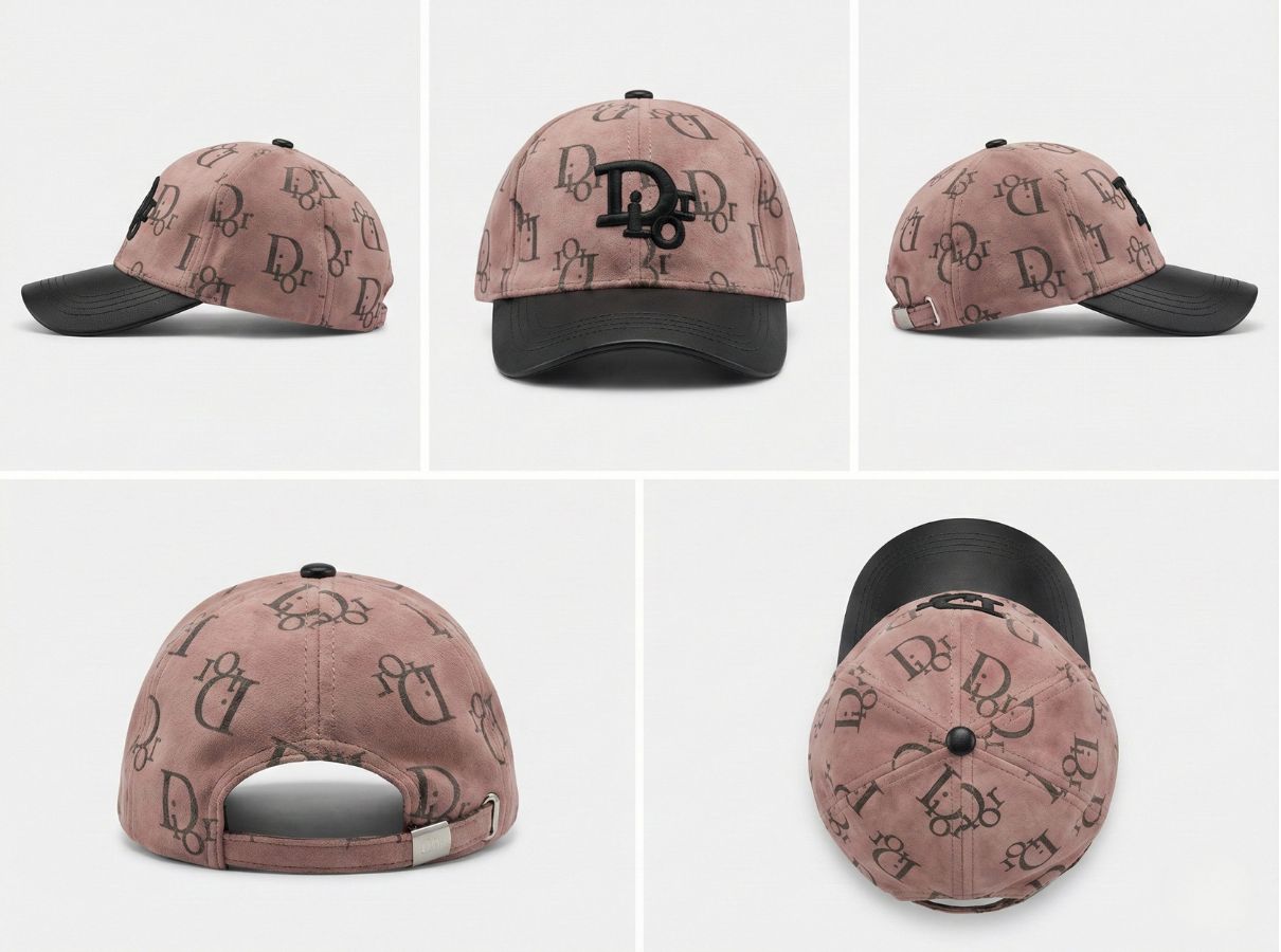 Beige Monogram Print Baseball Cap with Embroidered Logo and Black Leather-Textured Brim – Unisex Luxury Style Headwear