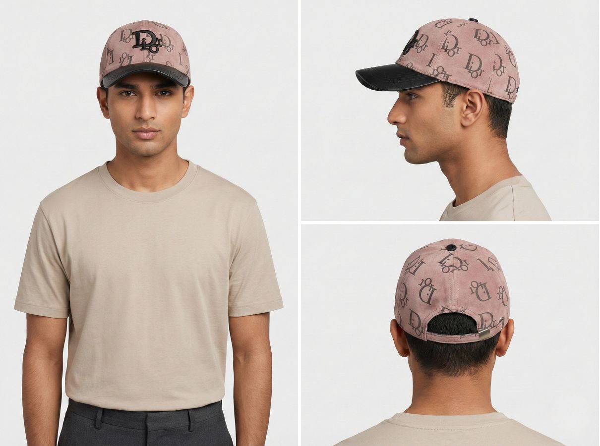 Beige Monogram Print Baseball Cap with Embroidered Logo and Black Leather-Textured Brim – Unisex Luxury Style Headwear