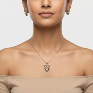 Elegant Two-Tone Bow & Heart Jewellery Set – Gold & Silver Finish Pendant Necklace with Matching Earrings