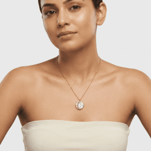 Gold-Tone Celestial Coin Necklace – Crescent Moon & Stars Pendant on White Enamel