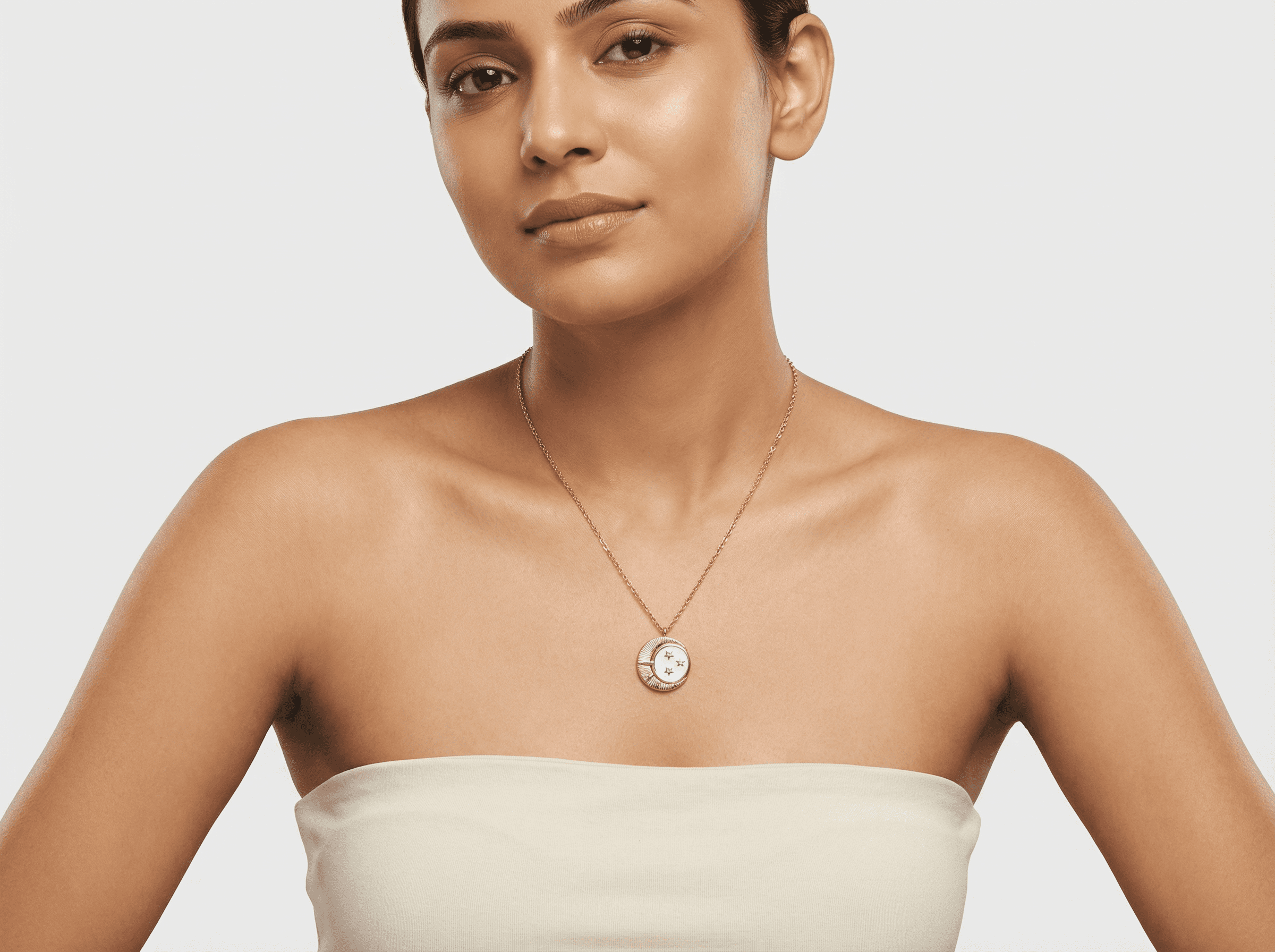 Gold-Tone Celestial Coin Necklace – Crescent Moon & Stars Pendant on White Enamel