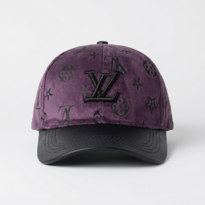 Luxury Monogram Purple Velvet Baseball Cap with Black Faux Leather Brim