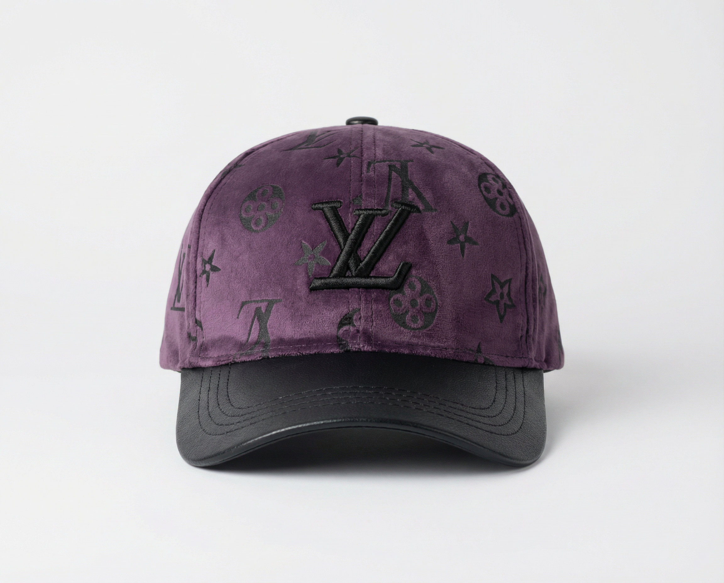 Luxury Monogram Purple Velvet Baseball Cap with Black Faux Leather Brim