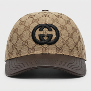 Designer Monogram Canvas Baseball Cap with Brown Faux Leather Visor