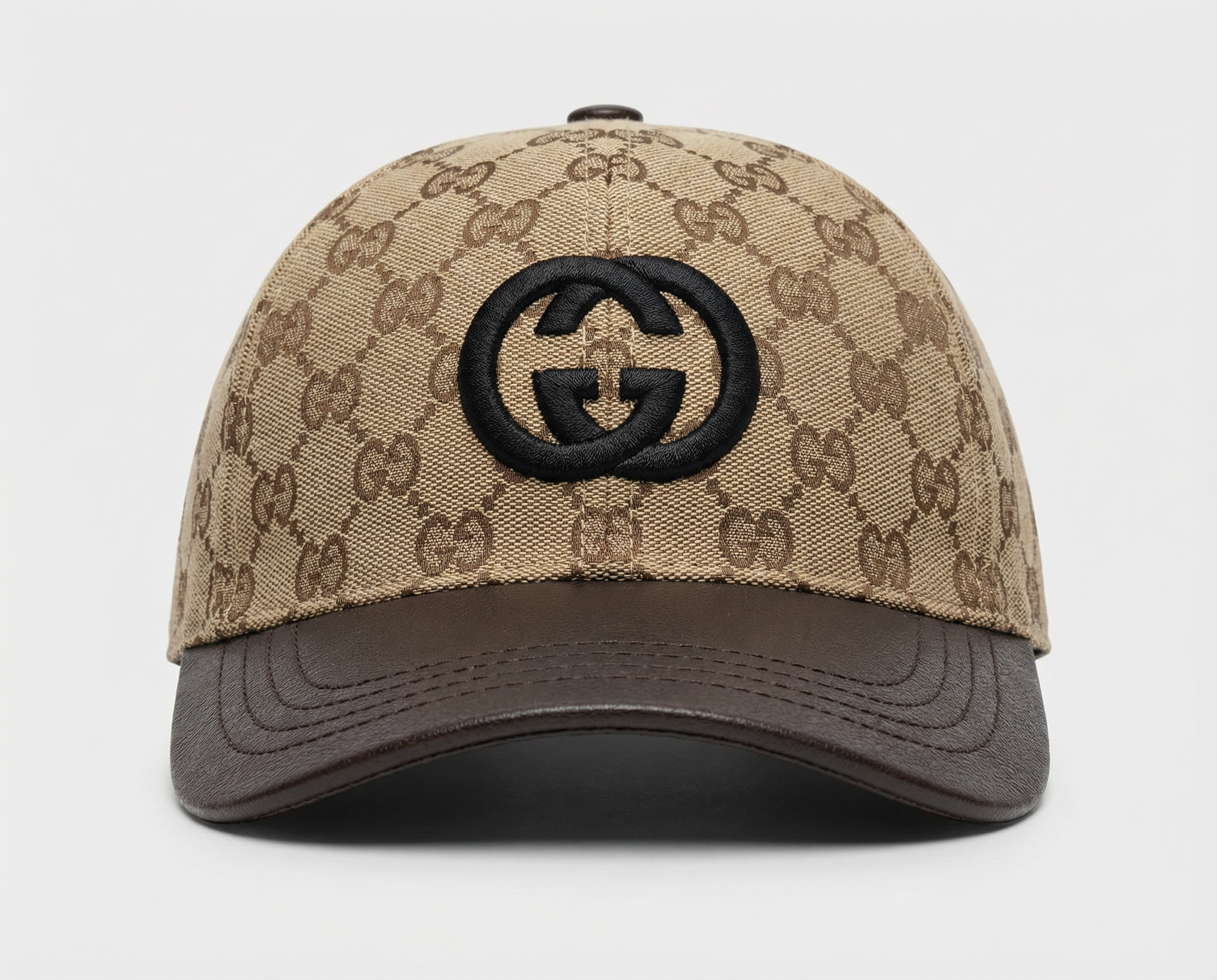 Designer Monogram Canvas Baseball Cap with Brown Faux Leather Visor