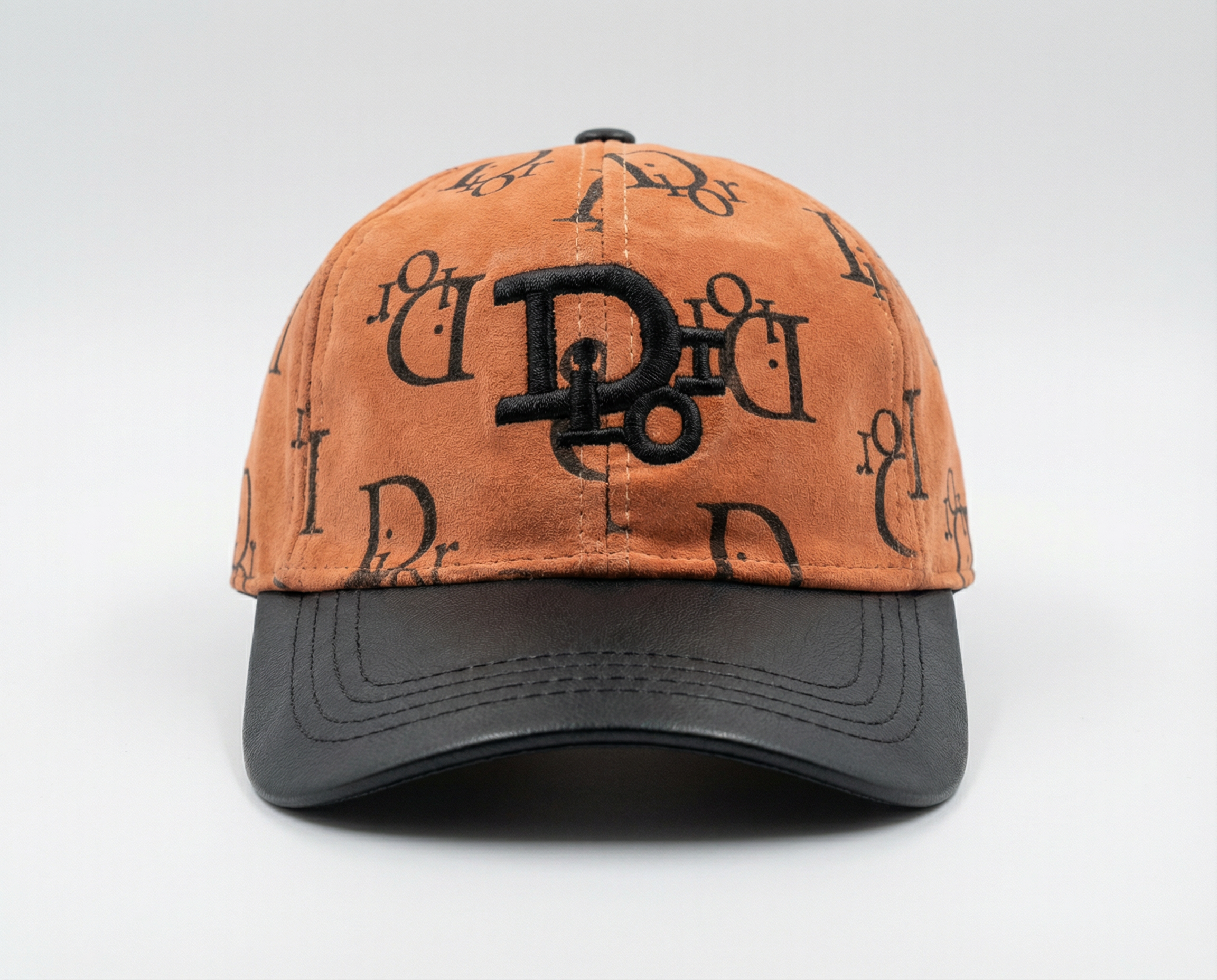 Tan Suede Finish Baseball Cap with Monogram Print and Black Leather Textured Brim