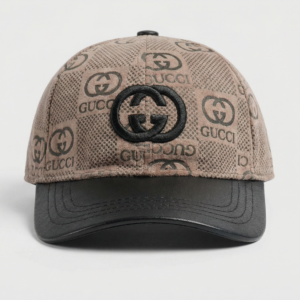 Beige Monogram Print Baseball Cap with Embroidered Logo and Black Leather-Textured Brim