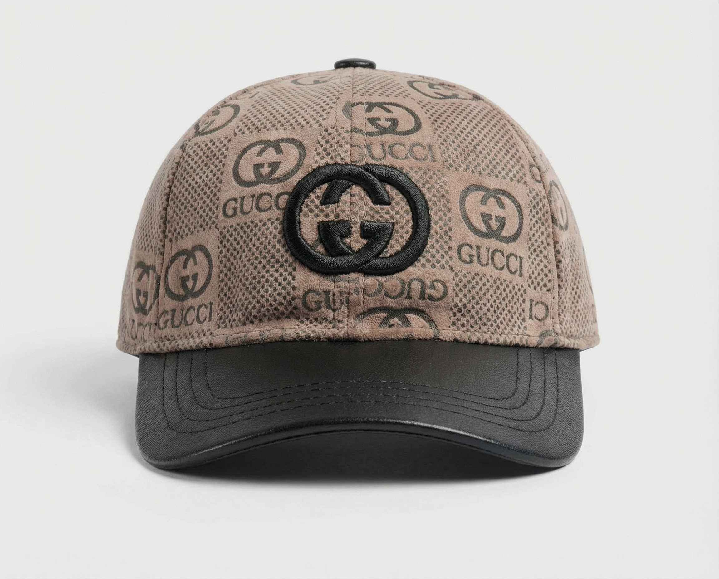 Beige Monogram Print Baseball Cap with Embroidered Logo and Black Leather-Textured Brim
