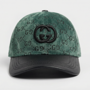 Forest Green Velvet-Finish Monogram Baseball Cap with Interlocking Logo and Black Leather-Textured Brim – Unisex Luxury Fashion Accessory
