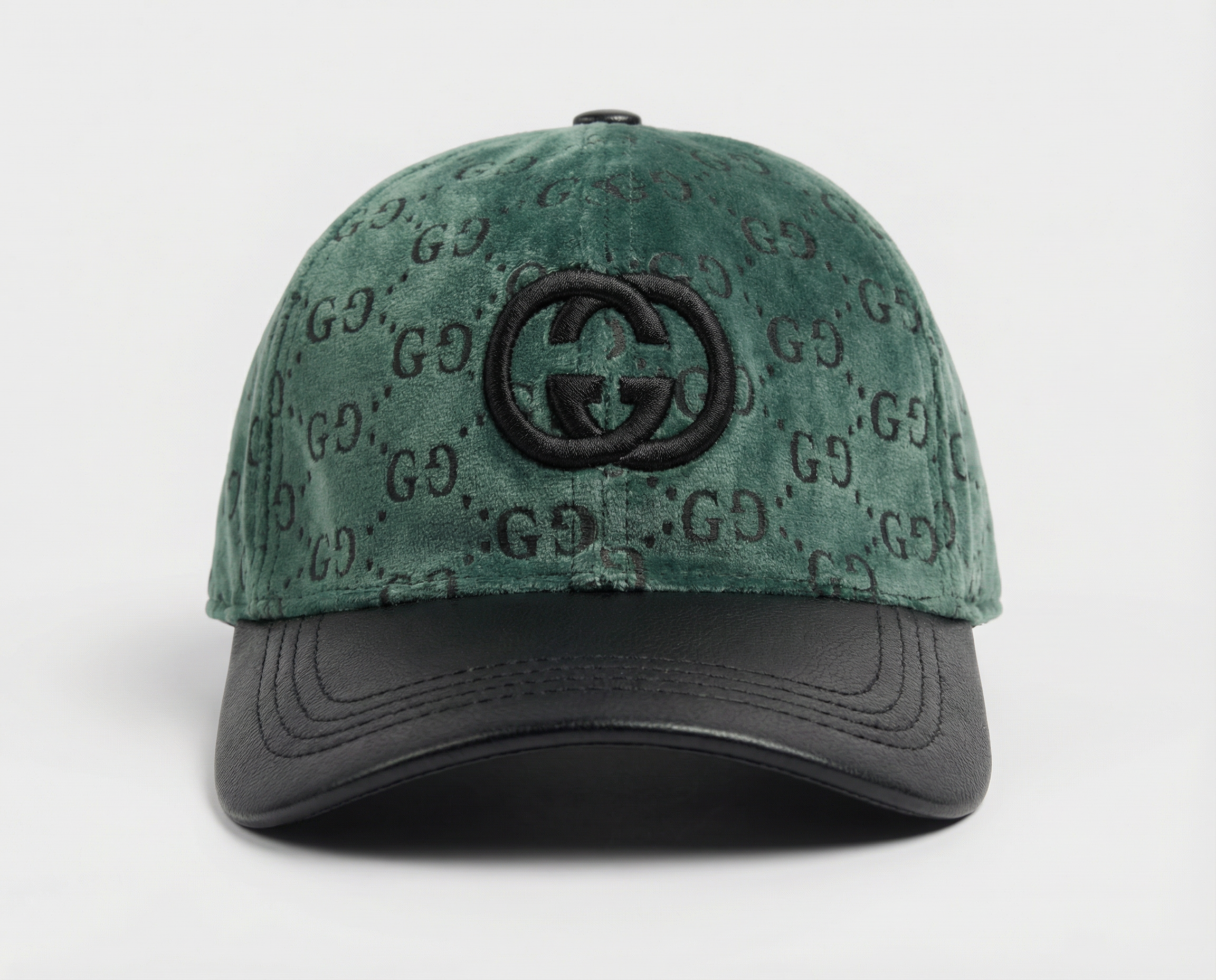 Forest Green Velvet-Finish Monogram Baseball Cap with Interlocking Logo and Black Leather-Textured Brim – Unisex Luxury Fashion Accessory