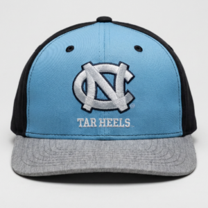 Premium NC Tar Heels Style Embroidered Baseball Cap – Sky Blue & Black Flat Brim Hat with Heather Grey Visor