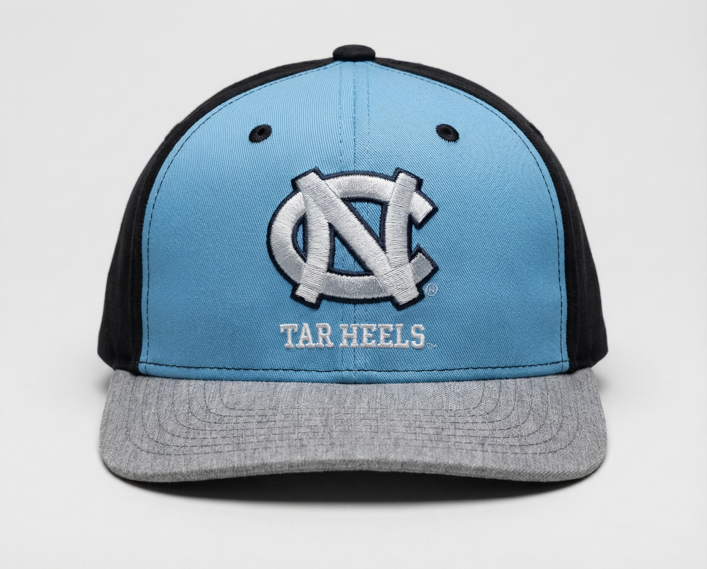 Premium NC Tar Heels Style Embroidered Baseball Cap – Sky Blue & Black Flat Brim Hat with Heather Grey Visor