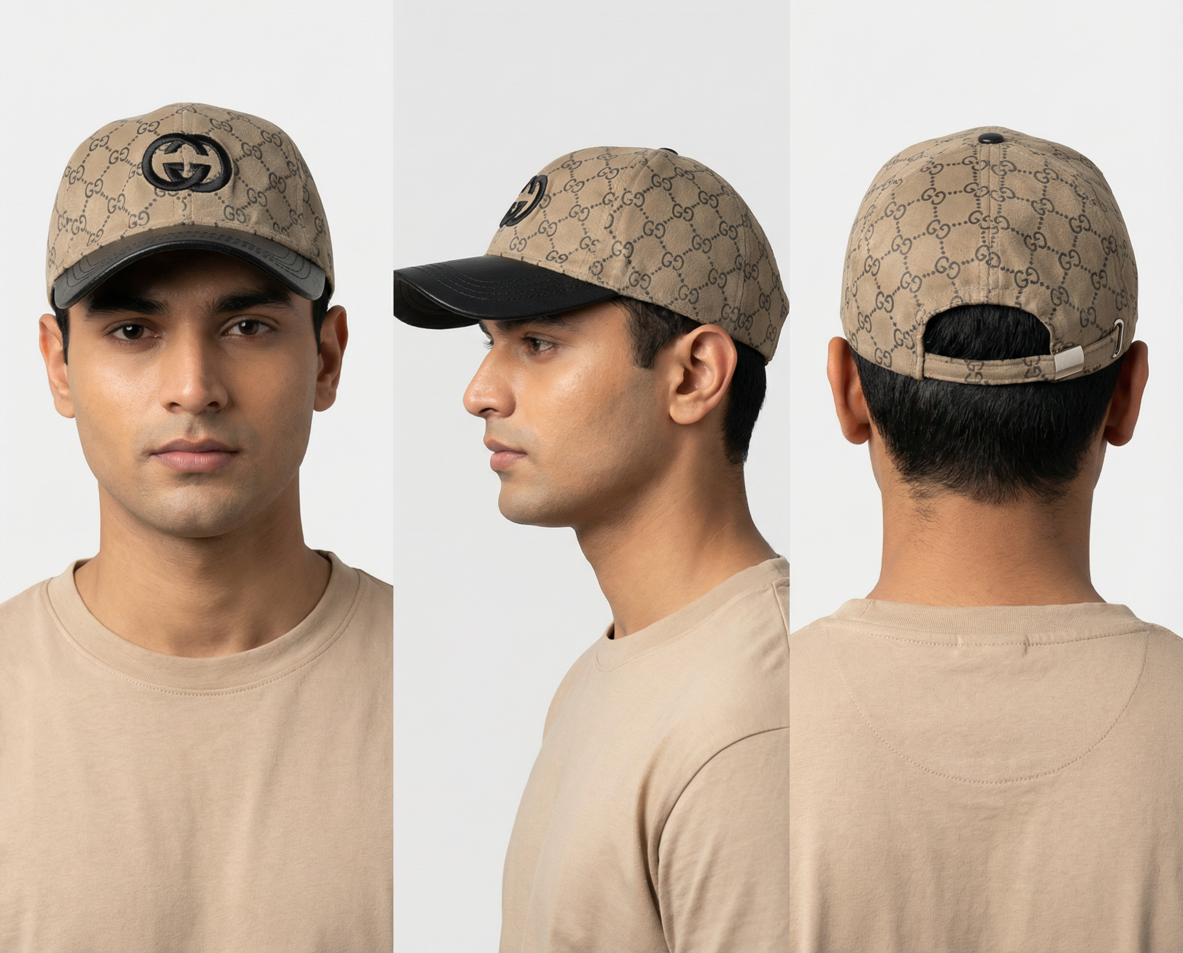 Designer Monogram Canvas Baseball Cap with Brown Faux Leather Visor