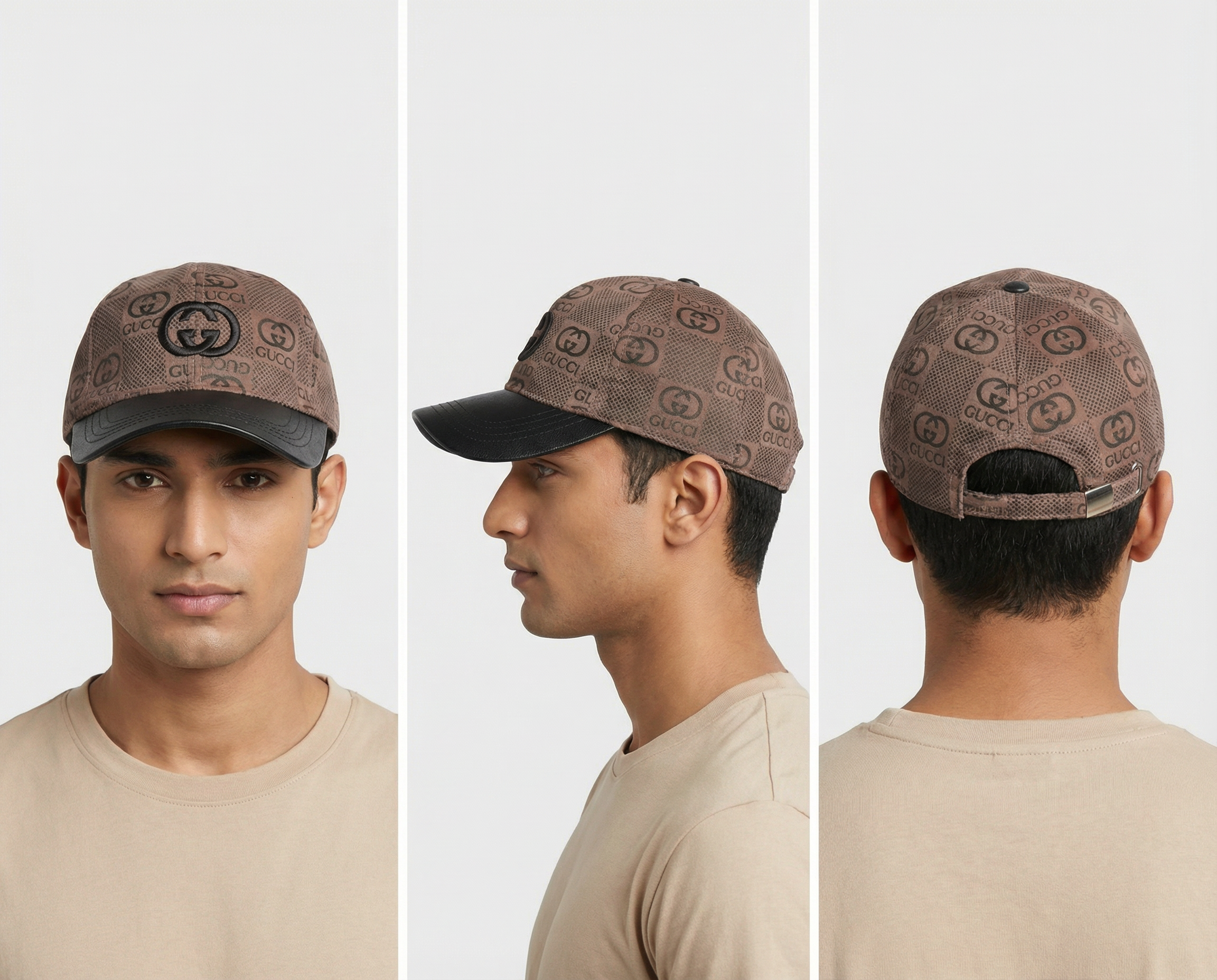 Beige Monogram Print Baseball Cap with Embroidered Logo and Black Leather-Textured Brim