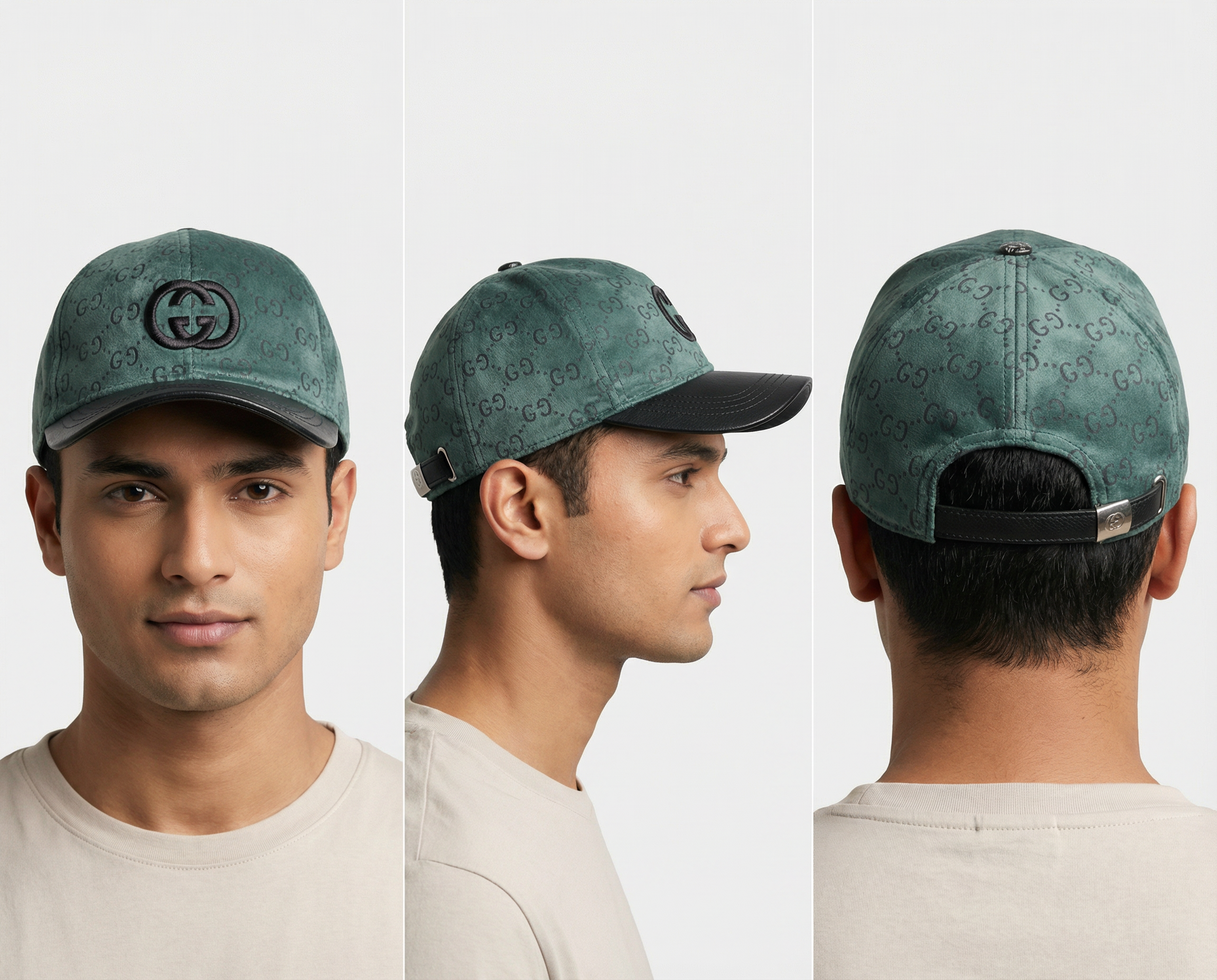 Forest Green Velvet-Finish Monogram Baseball Cap with Interlocking Logo and Black Leather-Textured Brim – Unisex Luxury Fashion Accessory