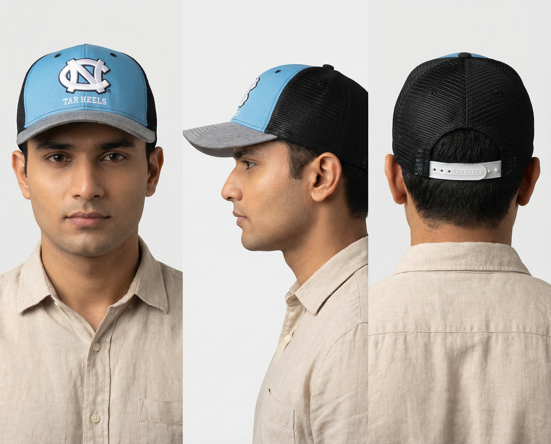 Premium NC Tar Heels Style Embroidered Baseball Cap – Sky Blue & Black Flat Brim Hat with Heather Grey Visor