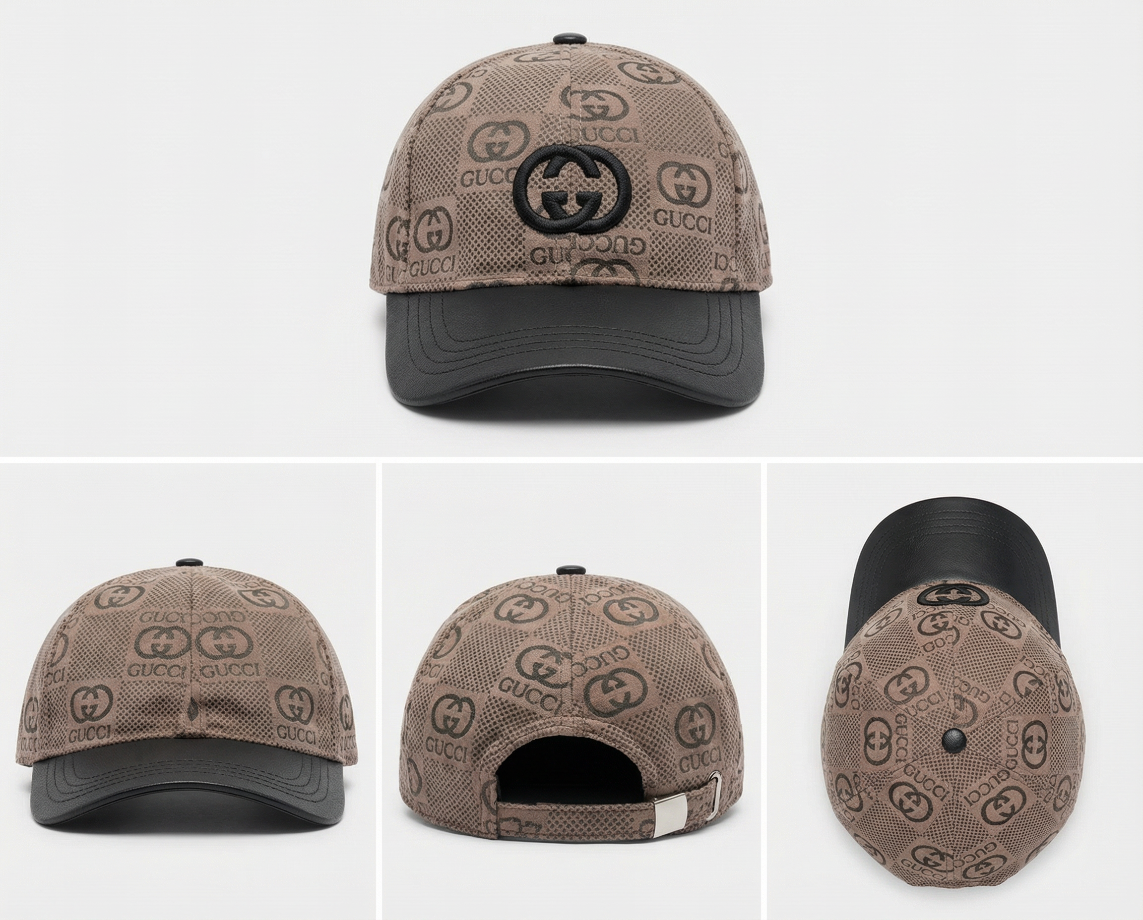 Beige Monogram Print Baseball Cap with Embroidered Logo and Black Leather-Textured Brim