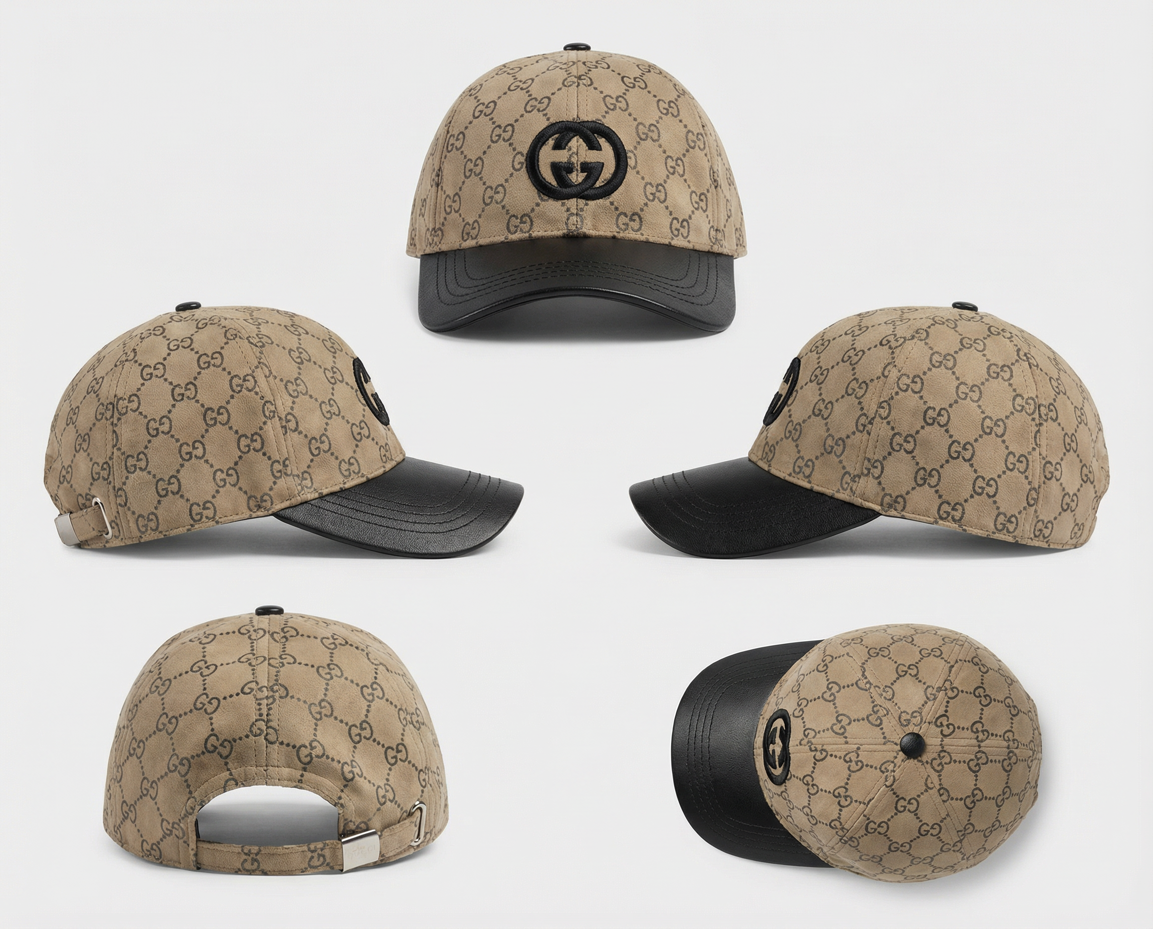Designer Monogram Canvas Baseball Cap with Brown Faux Leather Visor