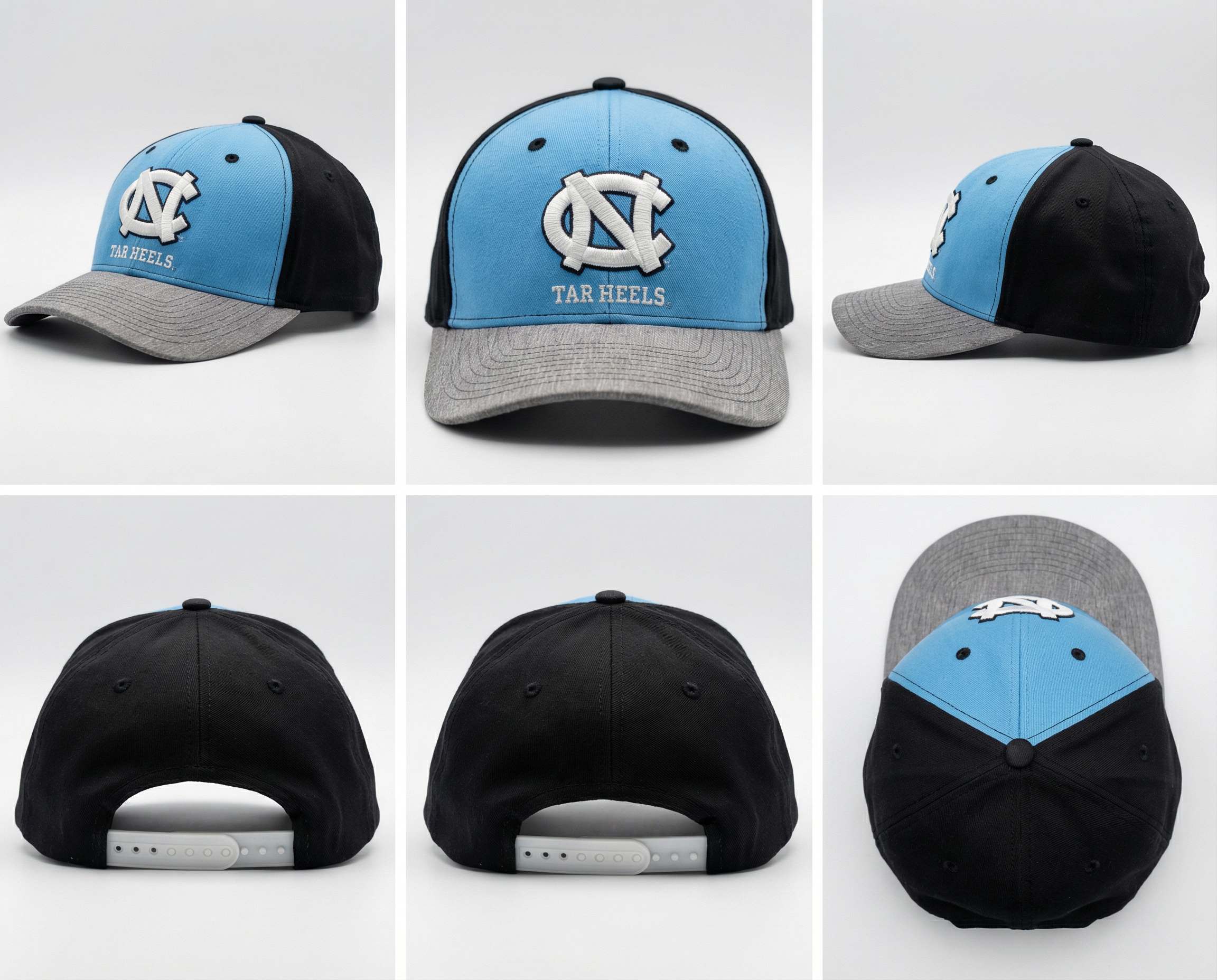 Premium NC Tar Heels Style Embroidered Baseball Cap – Sky Blue & Black Flat Brim Hat with Heather Grey Visor