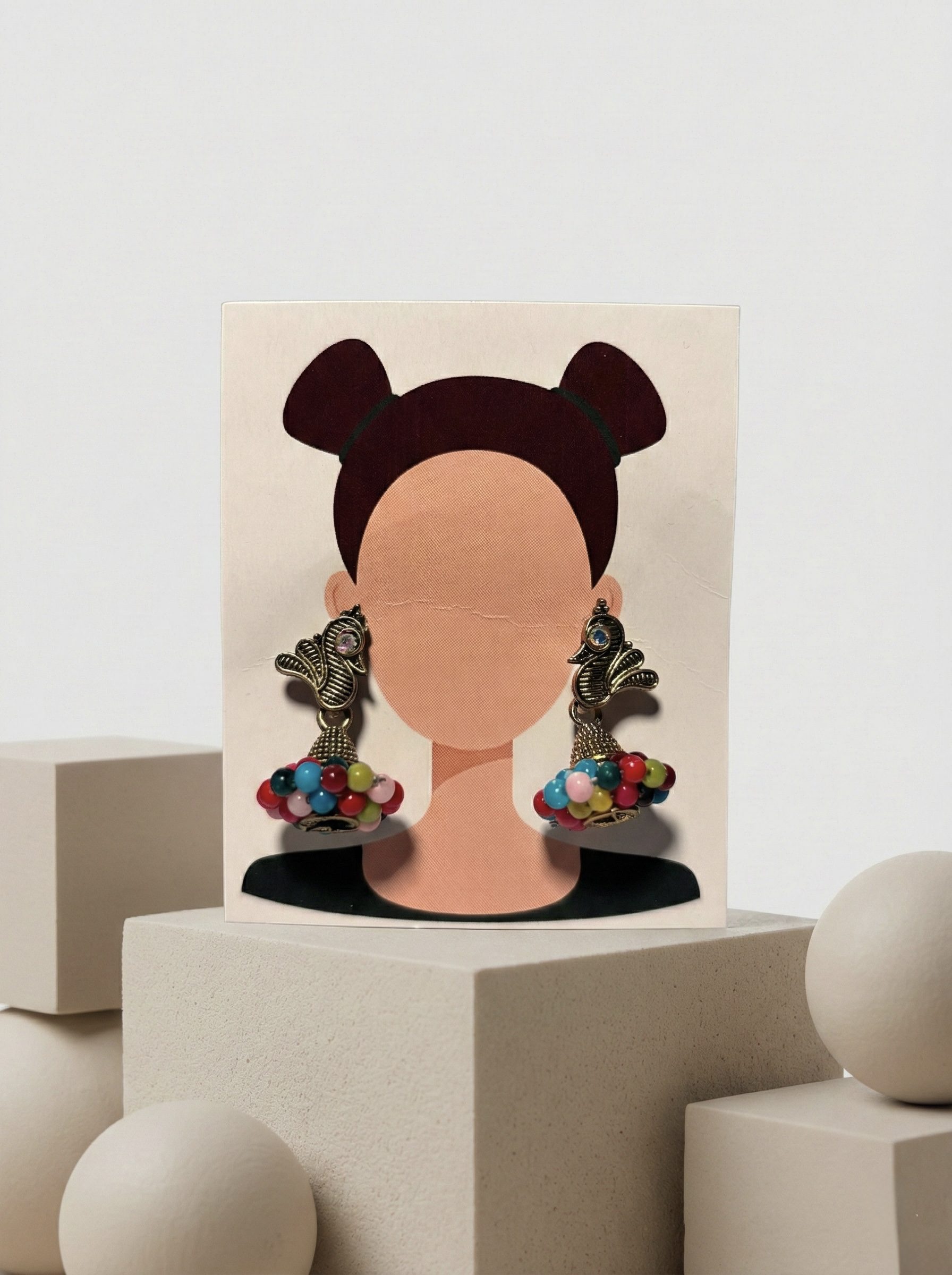 Oxidised Gold Tone Peacock Jhumka Earrings with Multicolour Bead Droplets