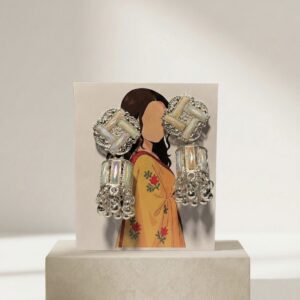 Iridescent Silver-Toned Meenakari Jhumka Earrings with Geometric Studs and Rhythmic Ghungroo Drops