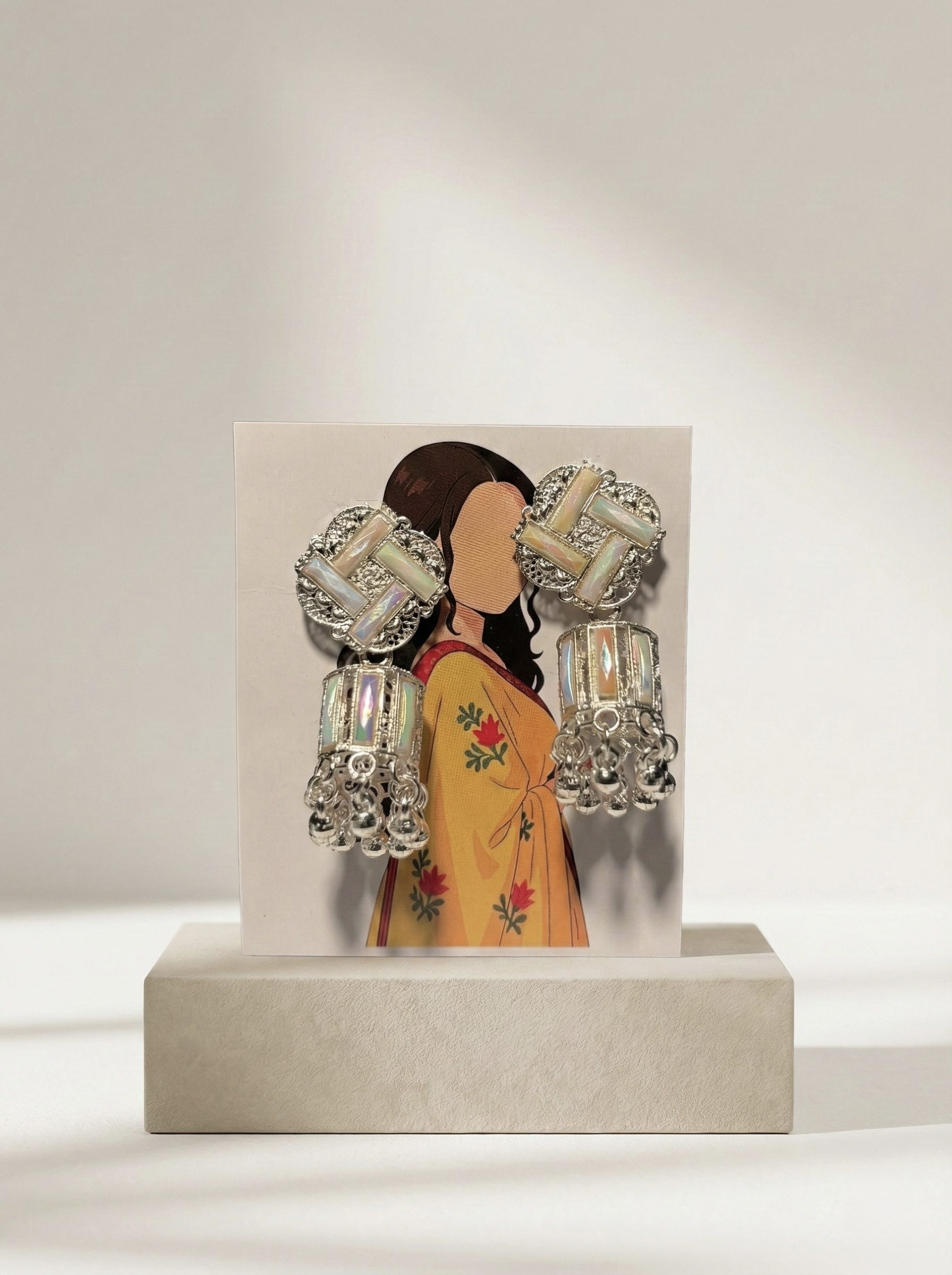 Iridescent Silver-Toned Meenakari Jhumka Earrings with Geometric Studs and Rhythmic Ghungroo Drops