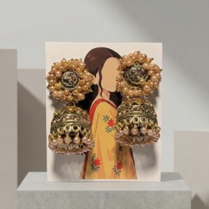 Antique Gold-Toned Traditional Jhumka Earrings with Peach Bead Clusters and Crystal Accents