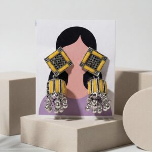 Oxidised Silver Tone Geometric Jhumka Earrings with Yellow Enamel Work