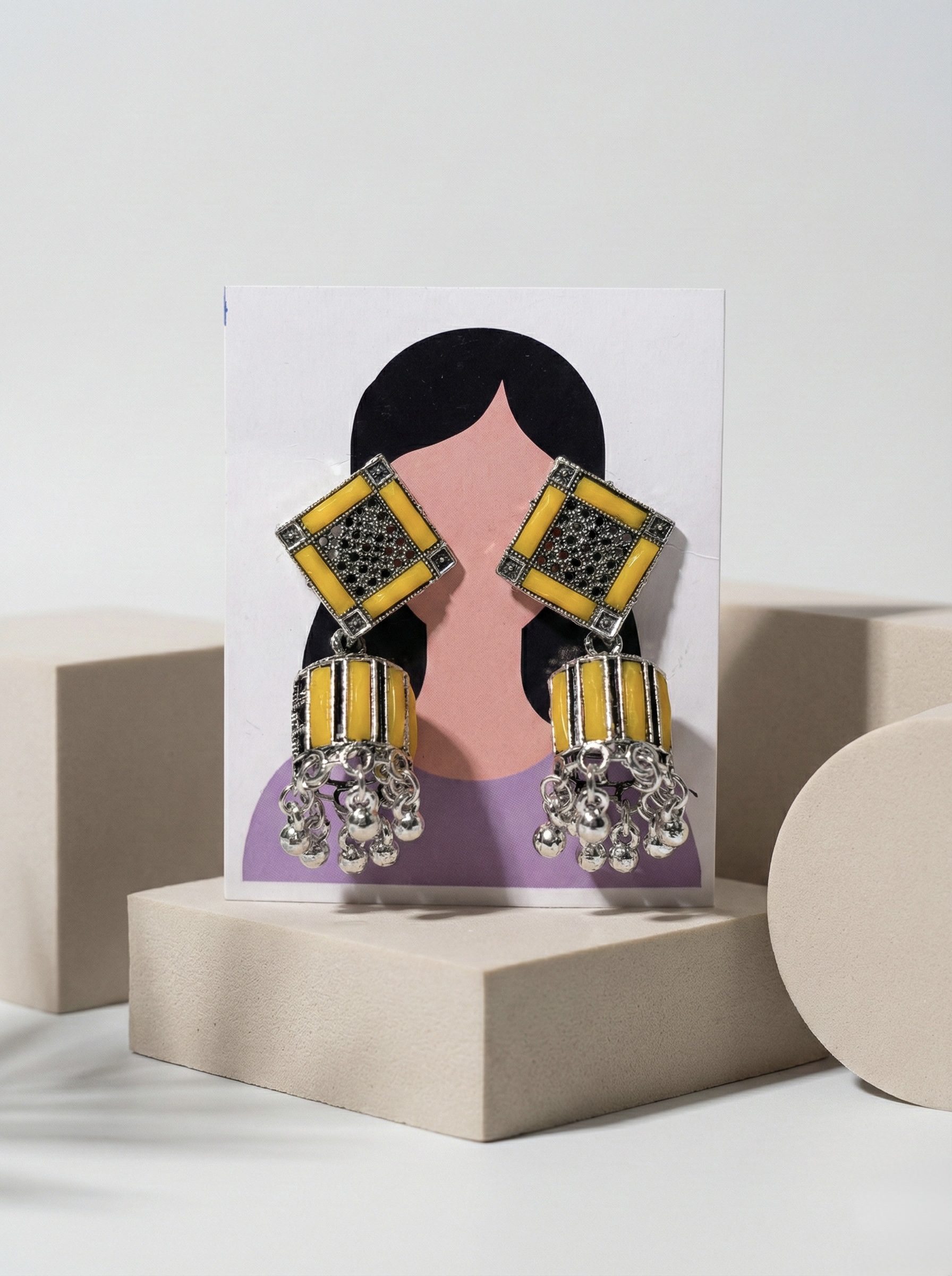 Oxidised Silver Tone Geometric Jhumka Earrings with Yellow Enamel Work