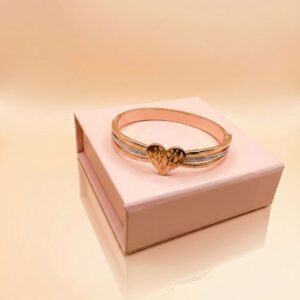 Rose Gold Toned Heart Motif Triple-Band Kada Bracelet with Crystal Detailing