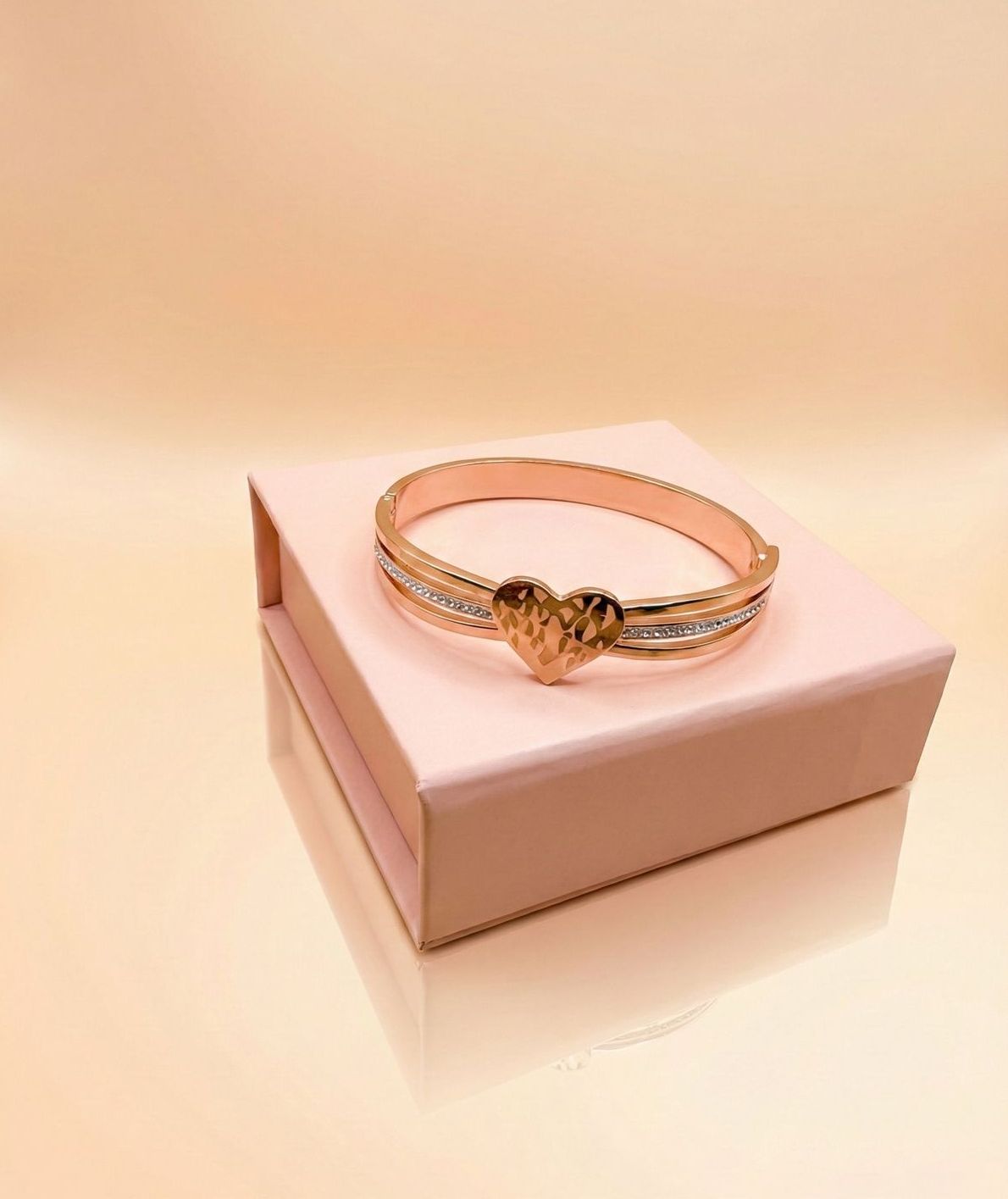 Rose Gold Toned Heart Motif Triple-Band Kada Bracelet with Crystal Detailing