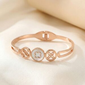 Rose Gold Toned Floral Clover Kada Bracelet with Mother of Pearl Inla