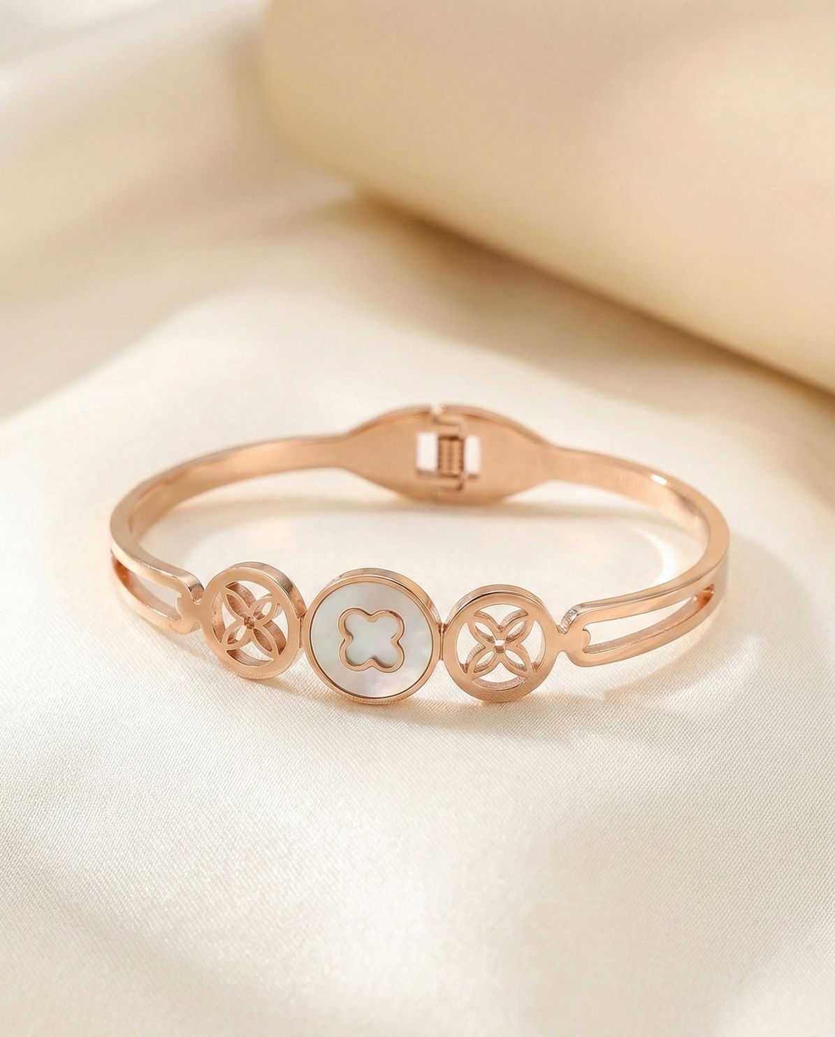 Rose Gold Toned Floral Clover Kada Bracelet with Mother of Pearl Inla