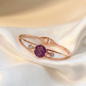 Ganesha Motif Rose Gold Toned Kada Bracelet with Purple Enamel and Crystal Accents
