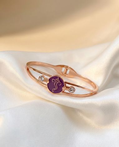 Ganesha Motif Rose Gold Toned Kada Bracelet with Purple Enamel and Crystal Accents