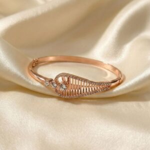 Rose Gold Toned Intricate Leaf Motif Bangle Bracelet with Crystal Embellishments