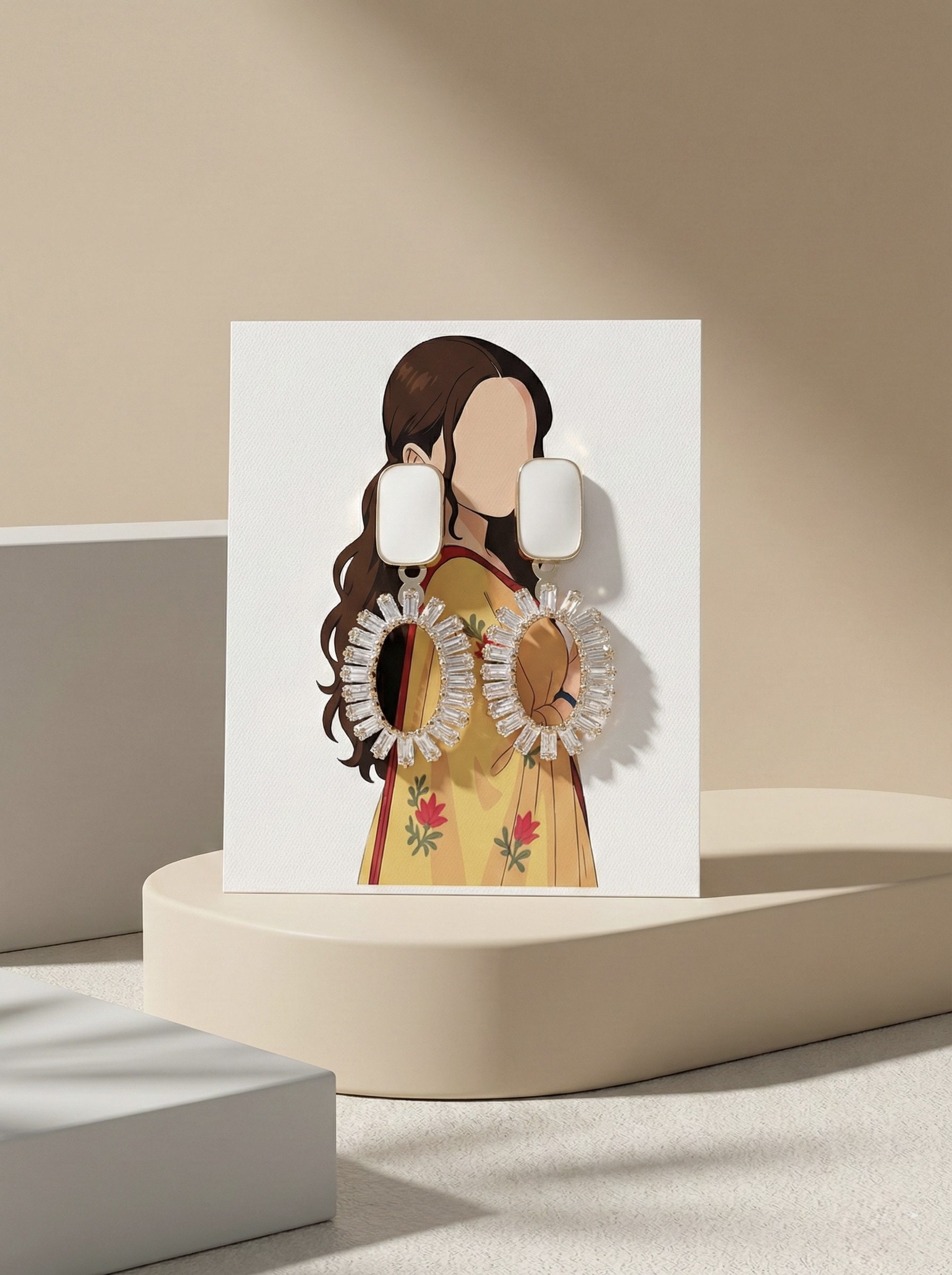 Art Deco Inspired Gold-Toned Drop Earrings with Cream Resin Studs and Radiant Crystal Halos