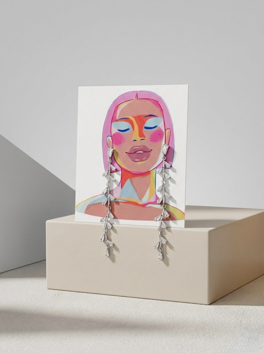 Silver Toned Floral Vine Long Dangle Earrings with Baguette Stone Embellishments