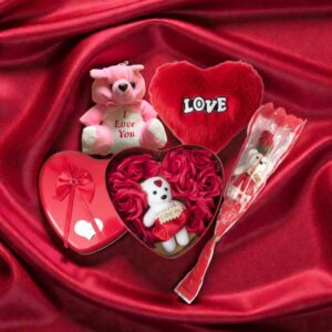 Elegant Valentine Plush Bear and Rose Petal Heart Gift Box Set