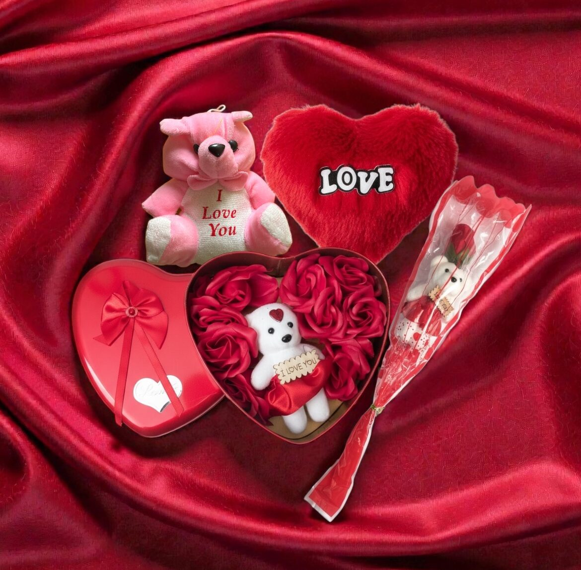 Elegant Valentine Plush Bear and Rose Petal Heart Gift Box Set