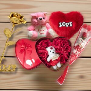 Romantic Valentine Gifting Set with Gold Tone Rose Bear Plush and Heart Box