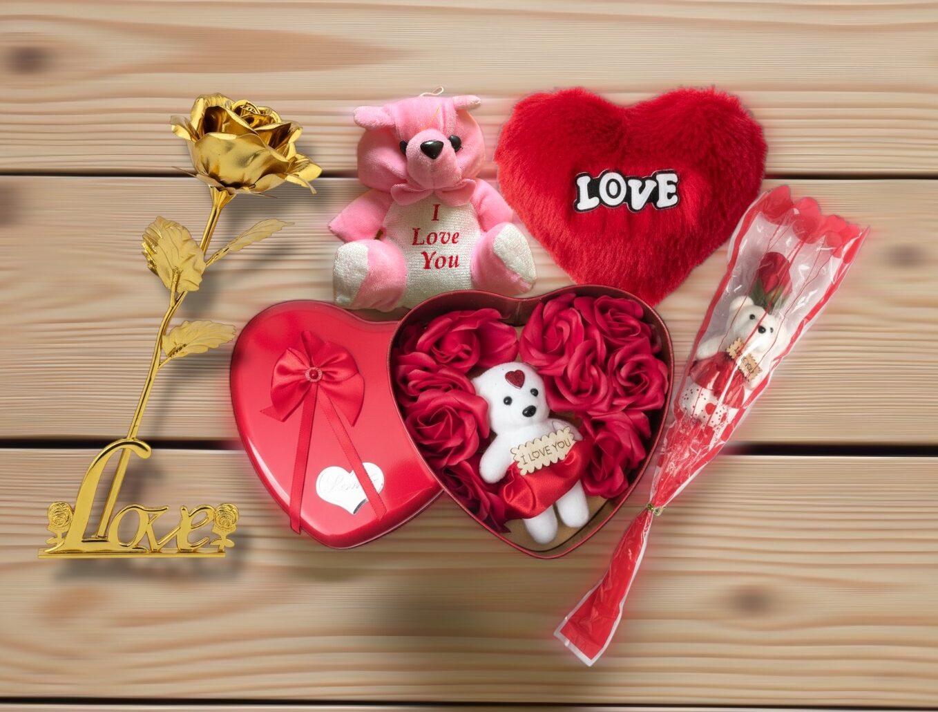 Romantic Valentine Gifting Set with Gold Tone Rose Bear Plush and Heart Box