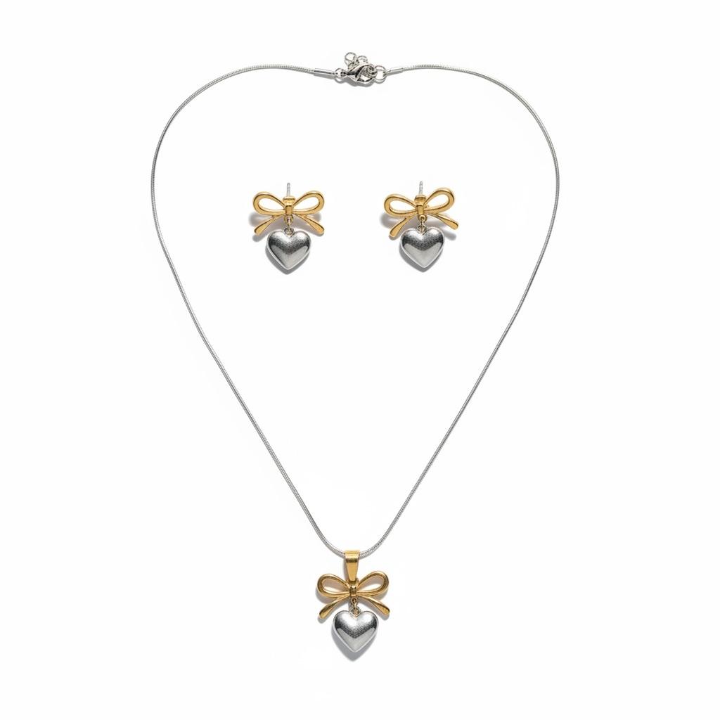 Elegant Two-Tone Bow & Heart Jewellery Set – Gold & Silver Finish Pendant Necklace with Matching Earrings
