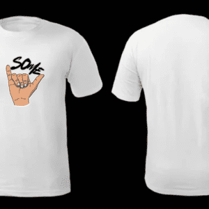 White Round Neck Graphic Printed T-Shirt with Shaka Hand Sign and Typography