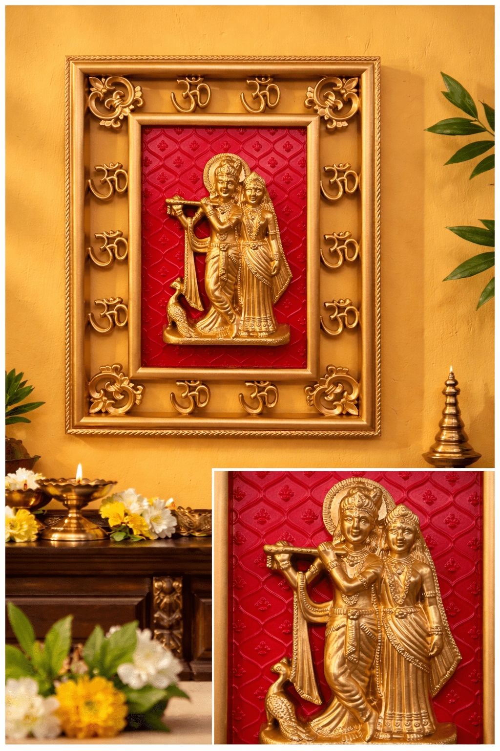 Radha Krishna Wall Hanging Frame with Om Border (32 cm x 25 cm)
